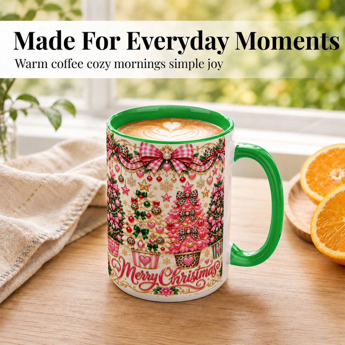 #pl[15oz|Green] Pink Christmas Tree Coffee Mug, Festive Decor Mug, Ceramic Cup