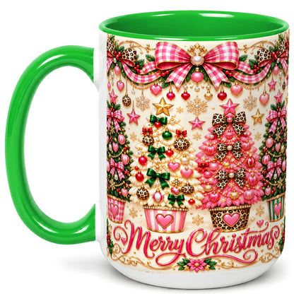 #pl[15oz|Green] Pink Christmas Tree Coffee Mug, Festive Decor Mug, Ceramic Cup