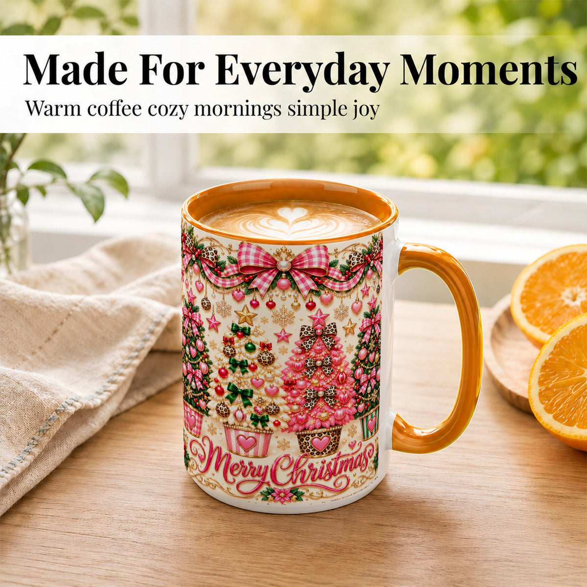 #pl[15oz|Orange] Pink Christmas Tree Coffee Mug, Festive Decor Mug, Ceramic Cup