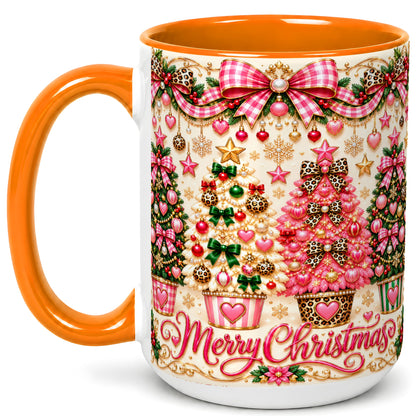 #pl[15oz|Orange] Pink Christmas Tree Coffee Mug, Festive Decor Mug, Ceramic Cup