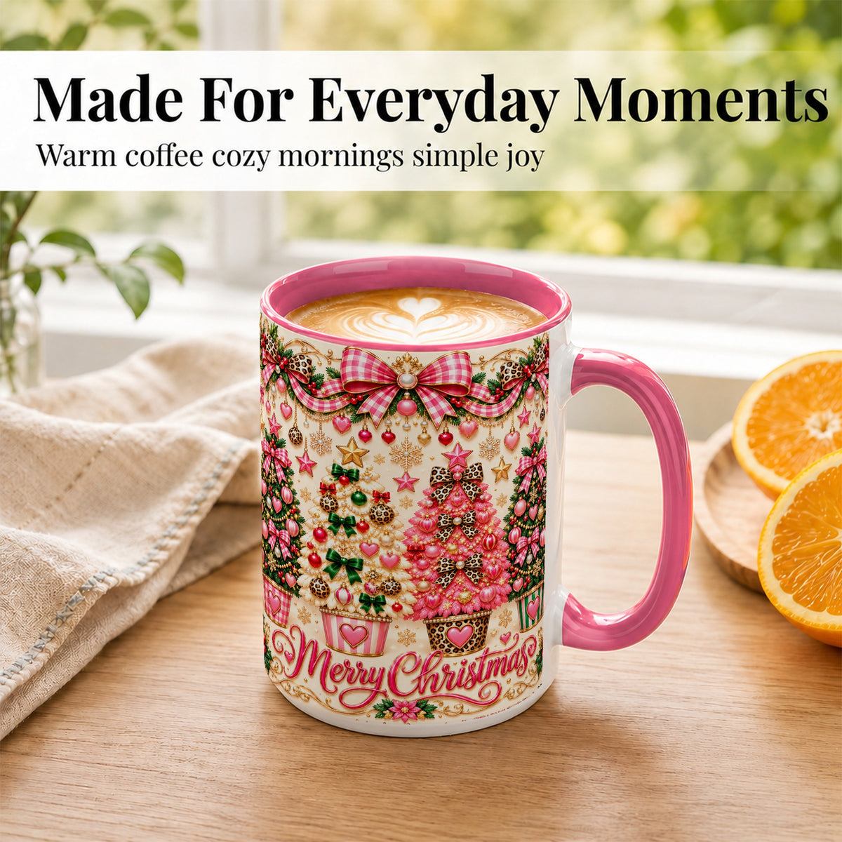 #pl[15oz|Pink] Pink Christmas Tree Coffee Mug, Festive Decor Mug, Ceramic Cup
