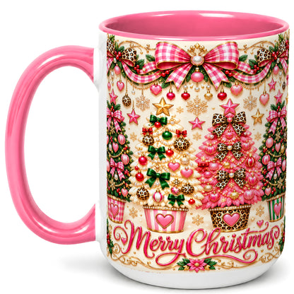 #pl[15oz|Pink] Pink Christmas Tree Coffee Mug, Festive Decor Mug, Ceramic Cup