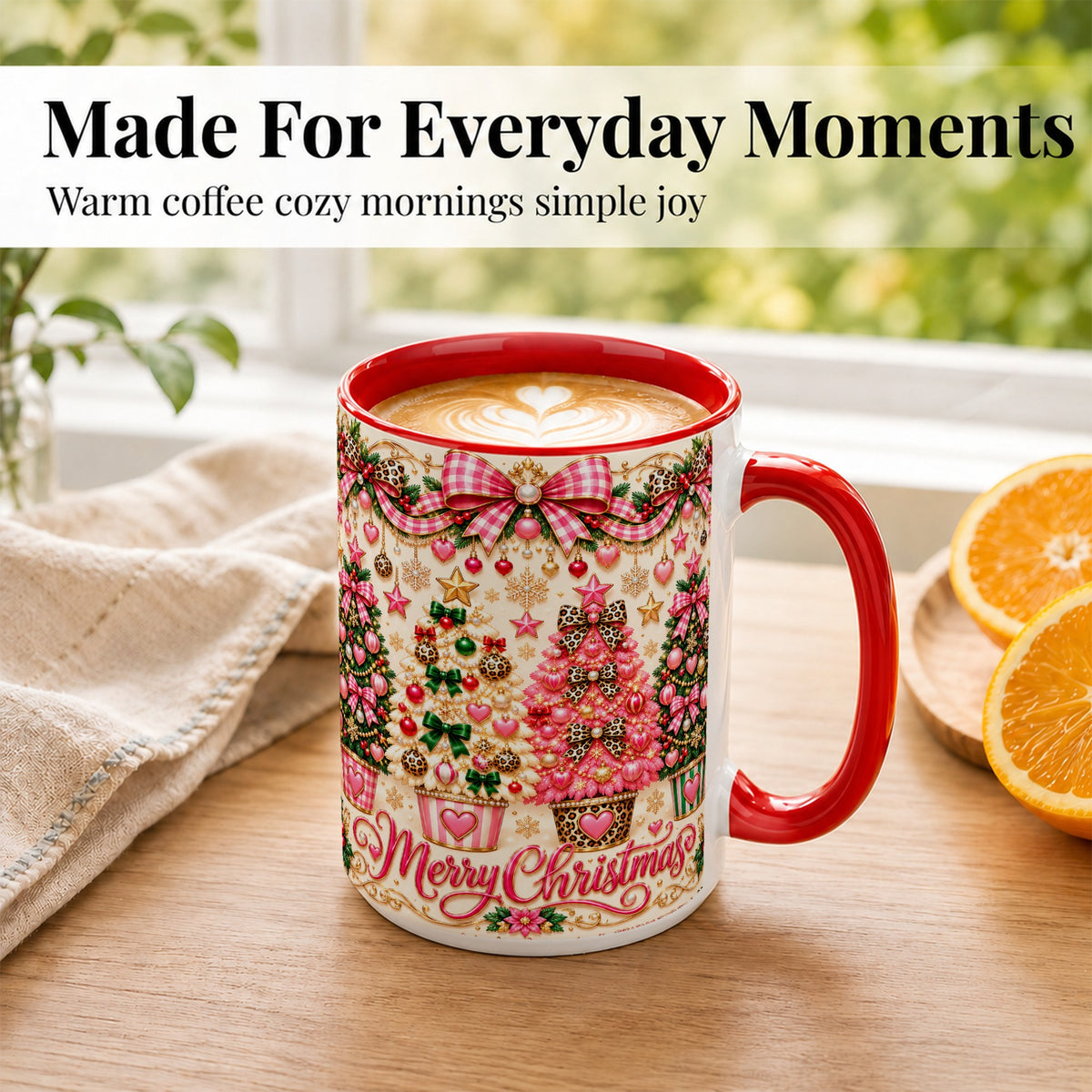 #pl[15oz|Red] Pink Christmas Tree Coffee Mug, Festive Decor Mug, Ceramic Cup