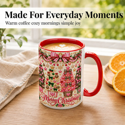 #pl[15oz|Red] Pink Christmas Tree Coffee Mug, Festive Decor Mug, Ceramic Cup