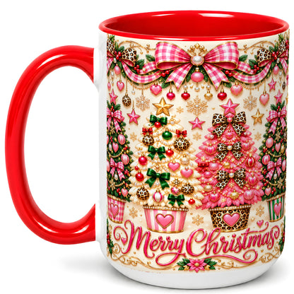 #pl[15oz|Red] Pink Christmas Tree Coffee Mug, Festive Decor Mug, Ceramic Cup