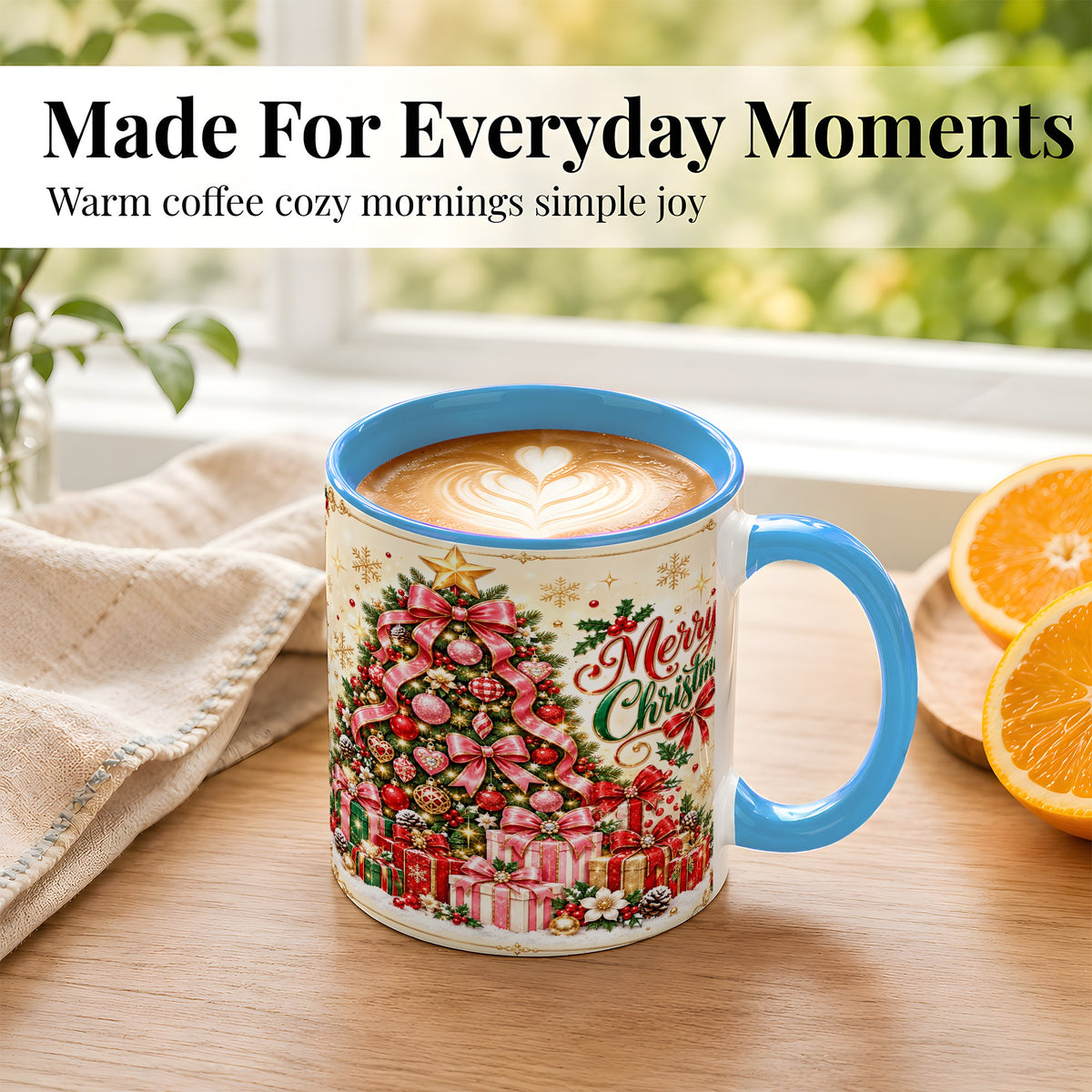 #pl[11oz|Blue] Christmas Tree Coffee Mug, Holiday Bow Mug, Ceramic Cup