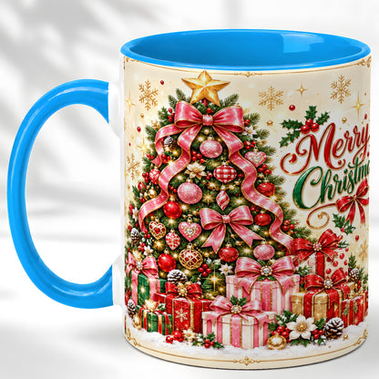 #pl[11oz|Blue] Christmas Tree Coffee Mug, Holiday Bow Mug, Ceramic Cup