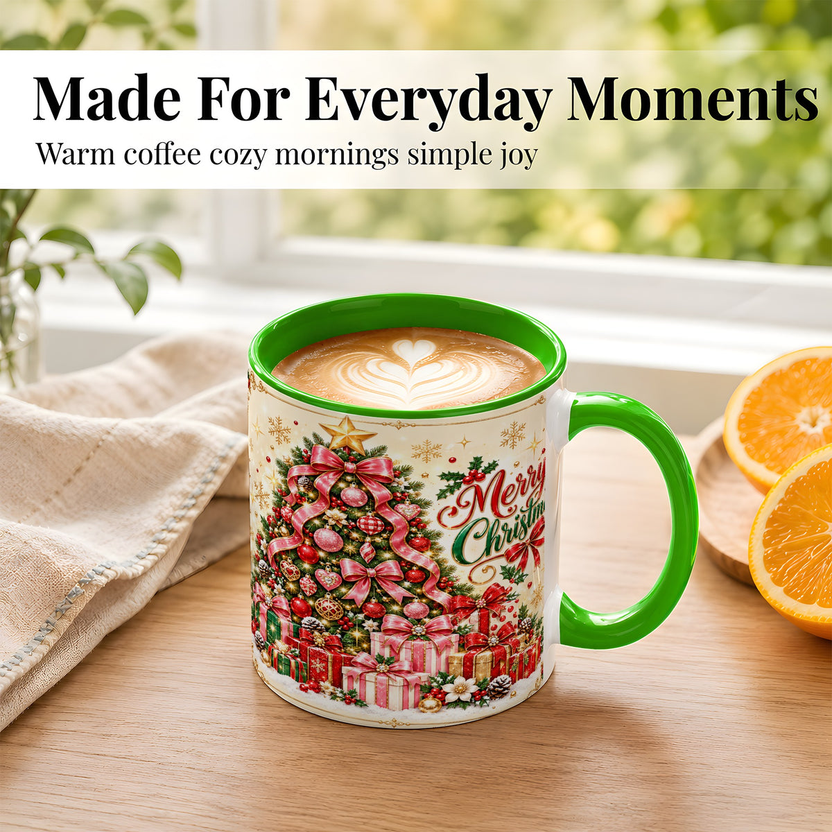 #pl[11oz|Green] Christmas Tree Coffee Mug, Holiday Bow Mug, Ceramic Cup