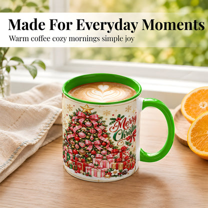 #pl[11oz|Green] Christmas Tree Coffee Mug, Holiday Bow Mug, Ceramic Cup