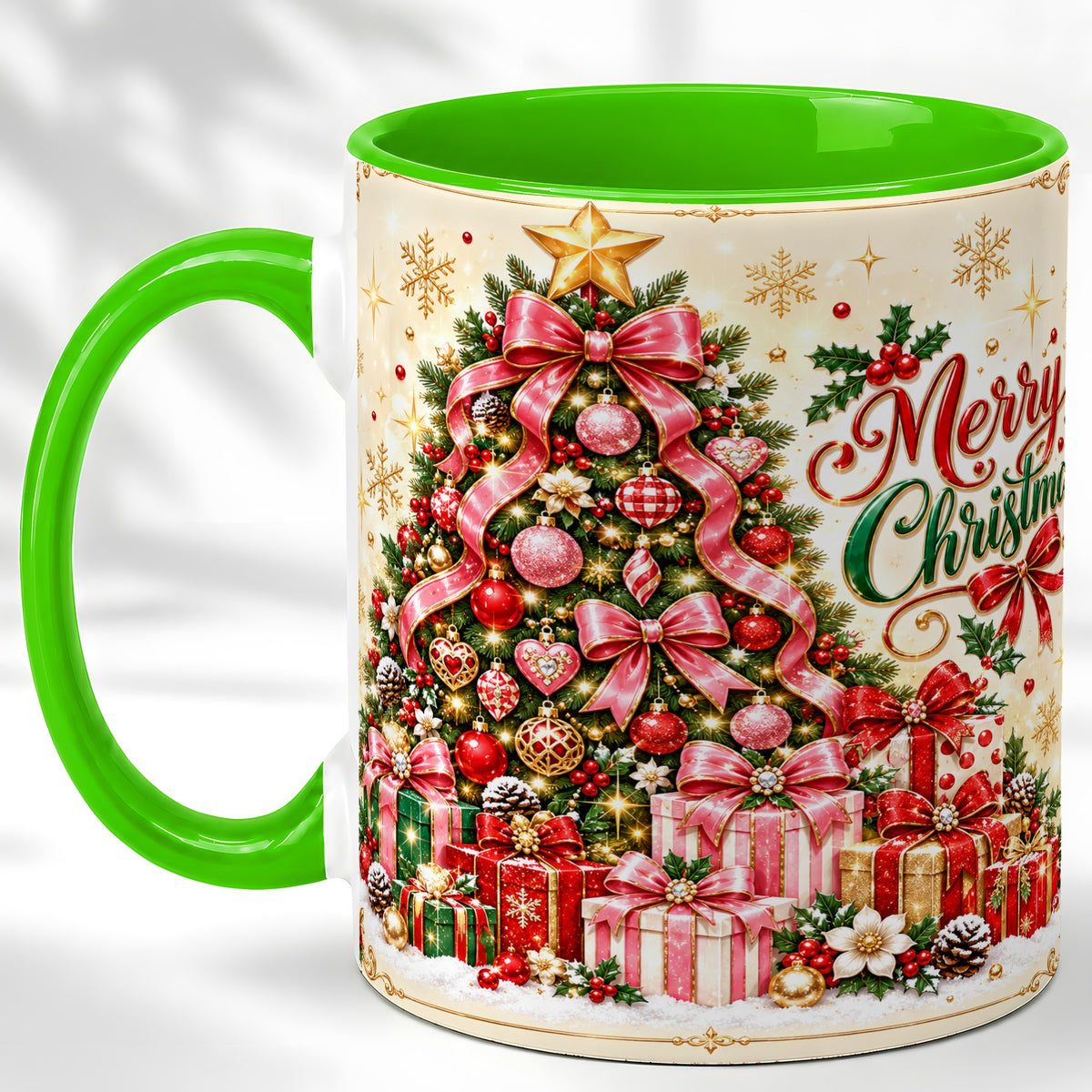 #pl[11oz|Green] Christmas Tree Coffee Mug, Holiday Bow Mug, Ceramic Cup