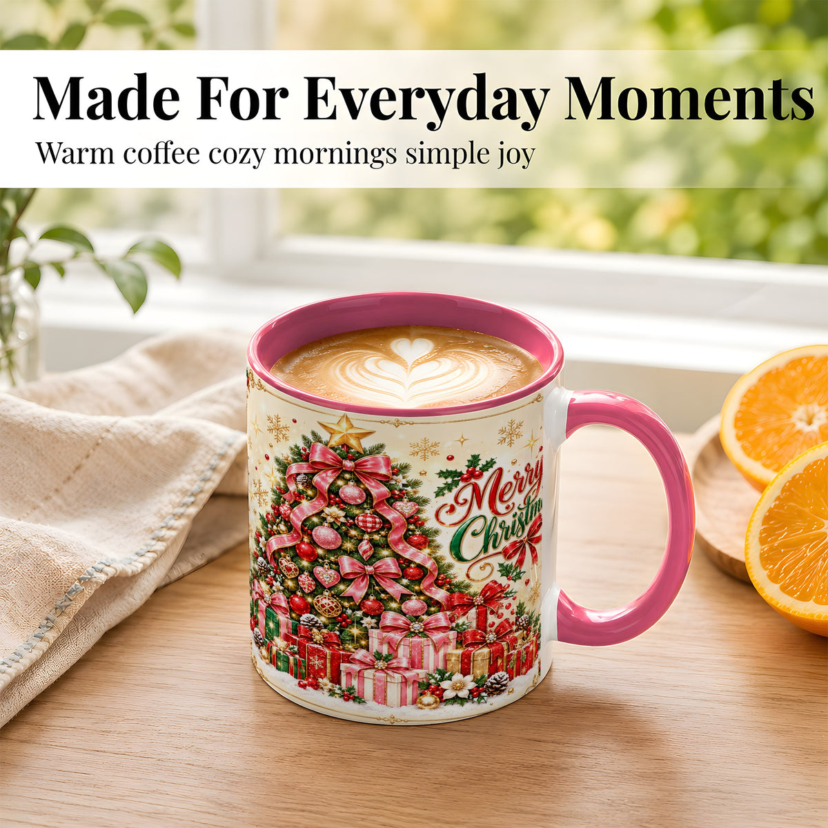 #pl[11oz|Pink] Christmas Tree Coffee Mug, Holiday Bow Mug, Ceramic Cup