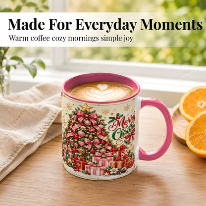 #pl[11oz|Pink] Christmas Tree Coffee Mug, Holiday Bow Mug, Ceramic Cup