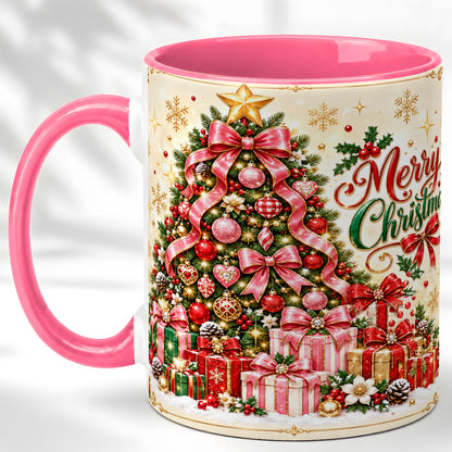 #pl[11oz|Pink] Christmas Tree Coffee Mug, Holiday Bow Mug, Ceramic Cup