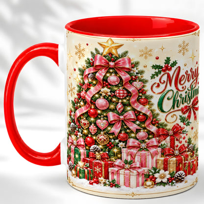 Christmas Tree Coffee Mug, Holiday Bow Mug, Ceramic Cup
