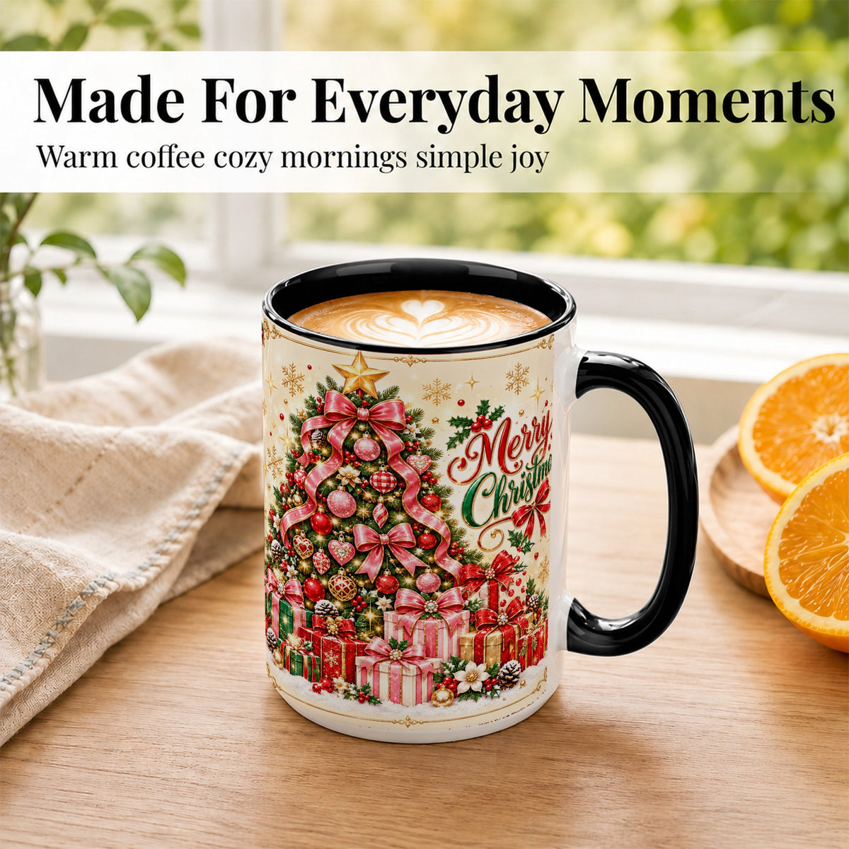 #pl[15oz|Black] Christmas Tree Coffee Mug, Holiday Bow Mug, Ceramic Cup