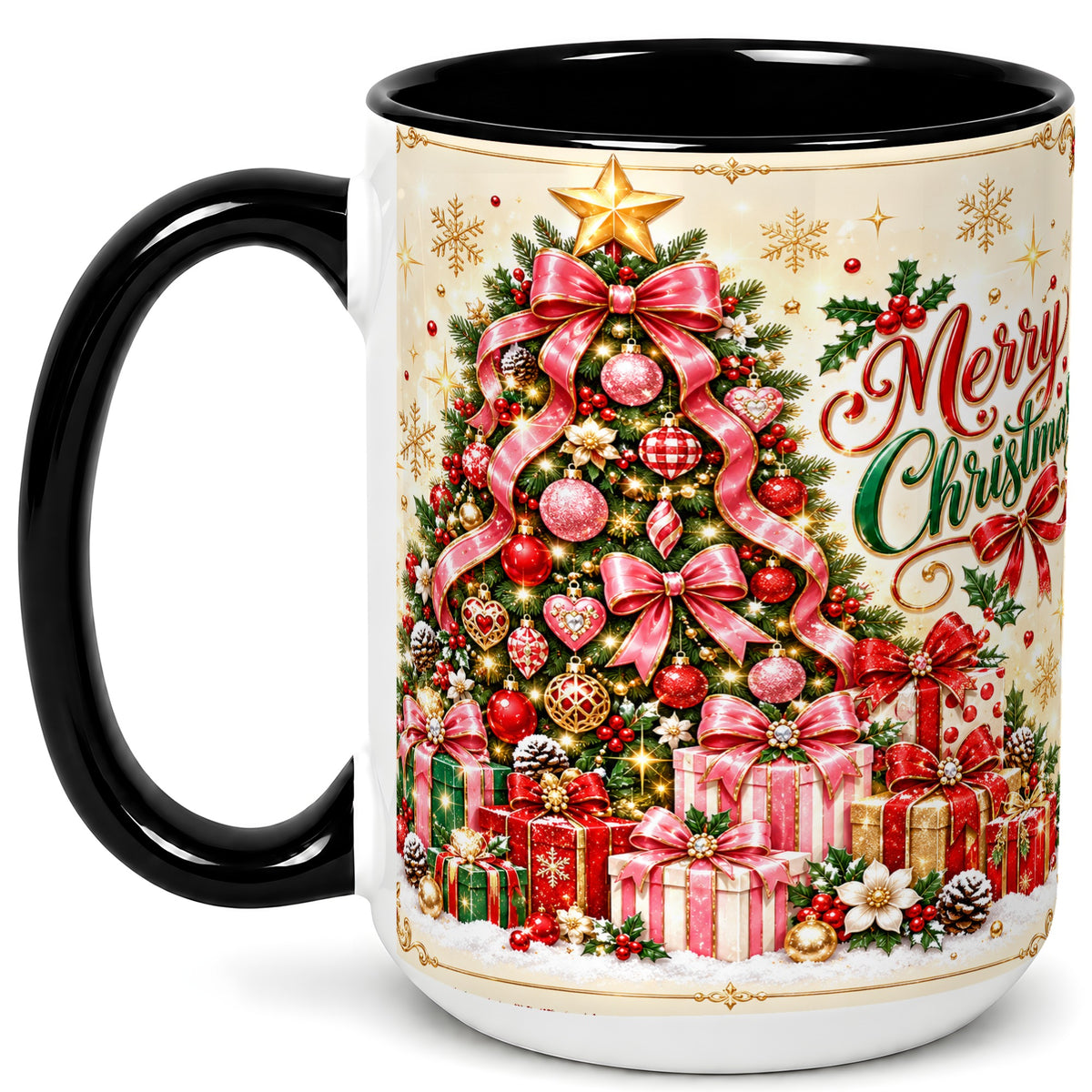 #pl[15oz|Black] Christmas Tree Coffee Mug, Holiday Bow Mug, Ceramic Cup
