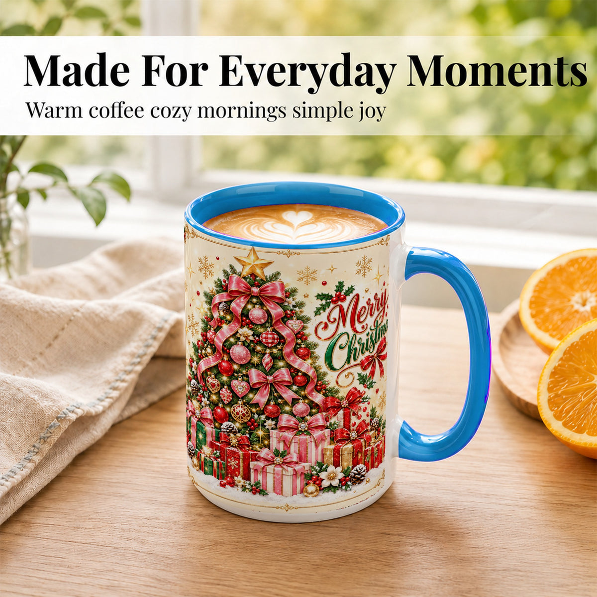 #pl[15oz|Blue] Christmas Tree Coffee Mug, Holiday Bow Mug, Ceramic Cup