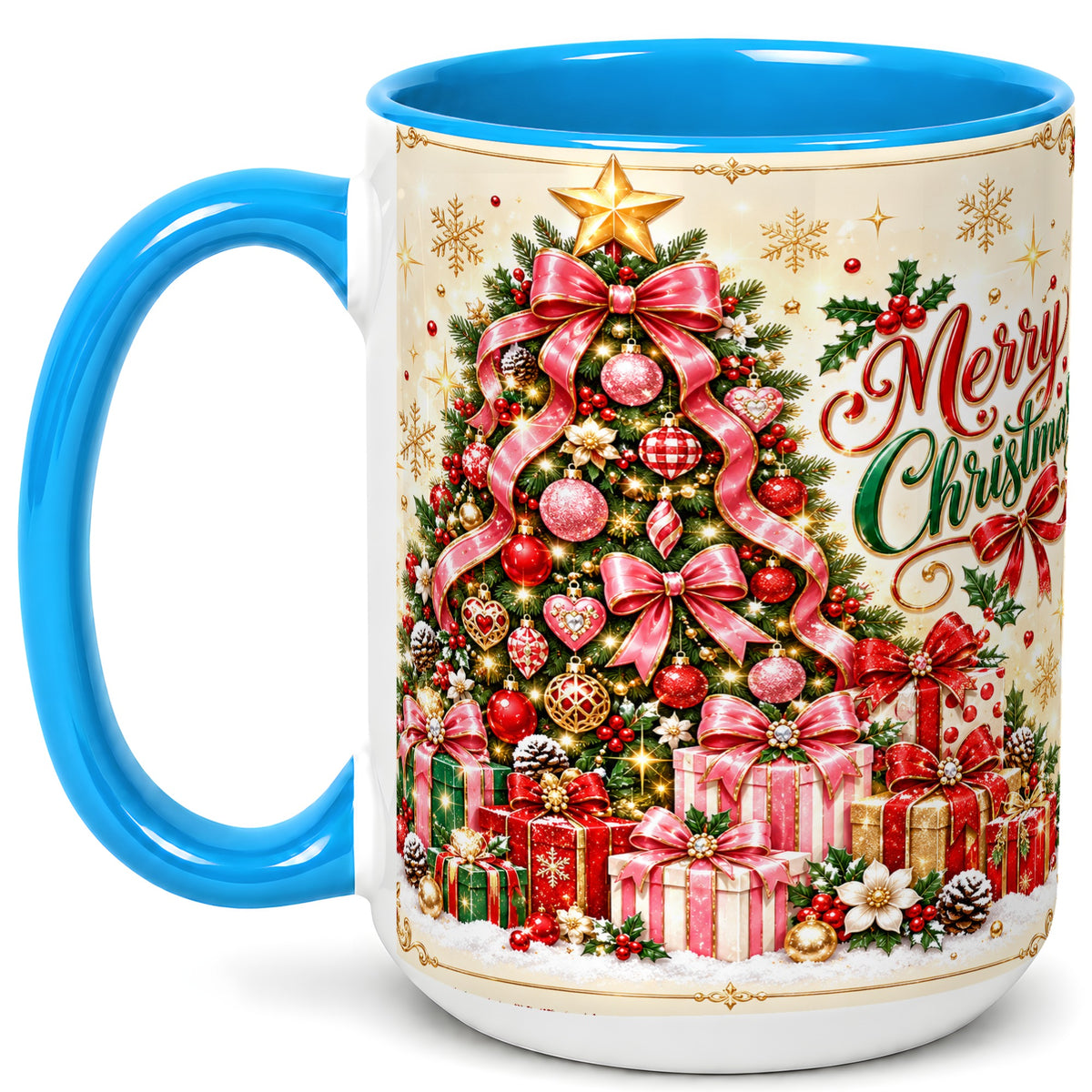 #pl[15oz|Blue] Christmas Tree Coffee Mug, Holiday Bow Mug, Ceramic Cup