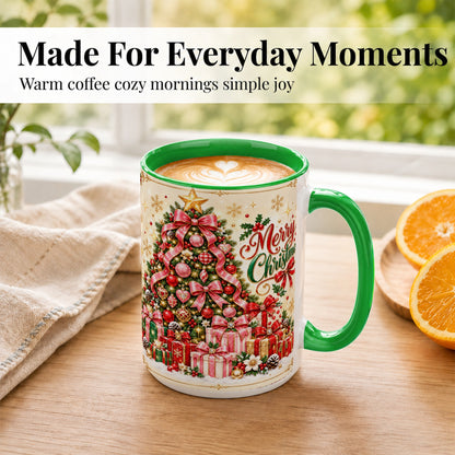 #pl[15oz|Green] Christmas Tree Coffee Mug, Holiday Bow Mug, Ceramic Cup