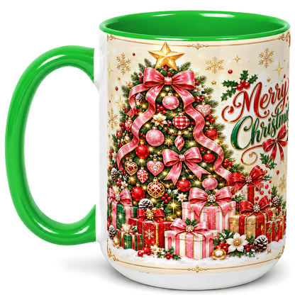 #pl[15oz|Green] Christmas Tree Coffee Mug, Holiday Bow Mug, Ceramic Cup