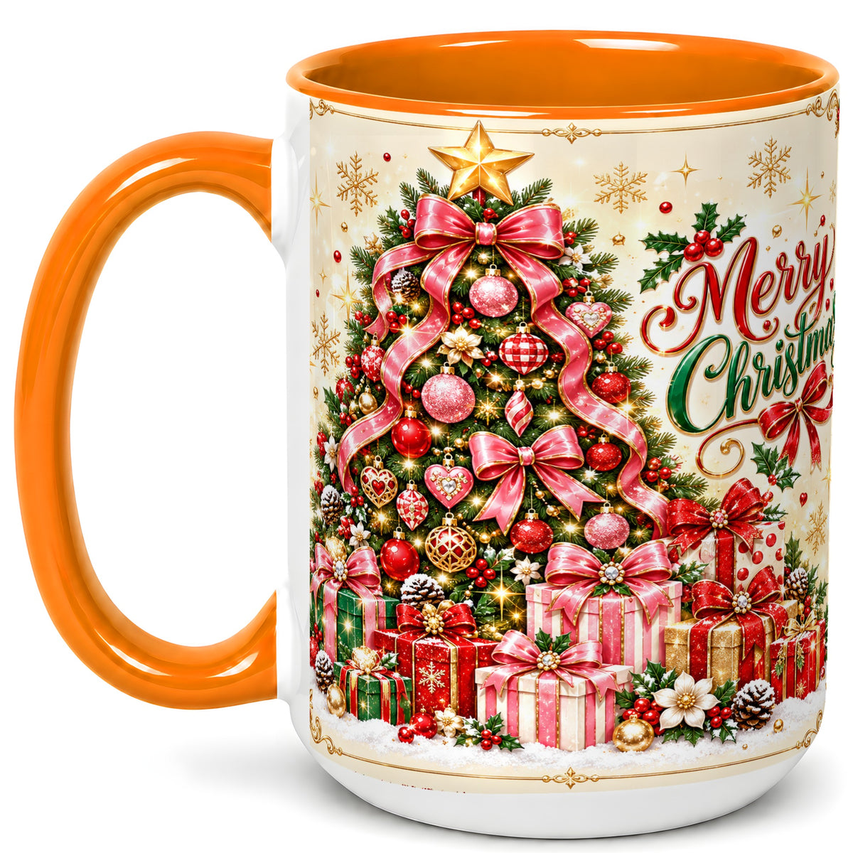 #pl[15oz|Orange] Christmas Tree Coffee Mug, Holiday Bow Mug, Ceramic Cup