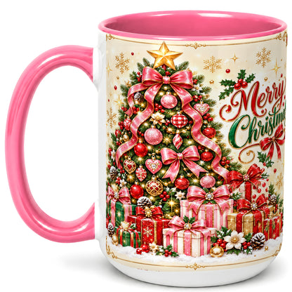 #pl[15oz|Pink] Christmas Tree Coffee Mug, Holiday Bow Mug, Ceramic Cup