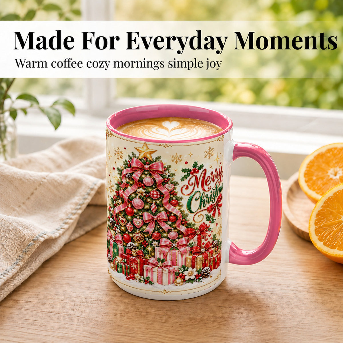 #pl[15oz|Pink] Christmas Tree Coffee Mug, Holiday Bow Mug, Ceramic Cup