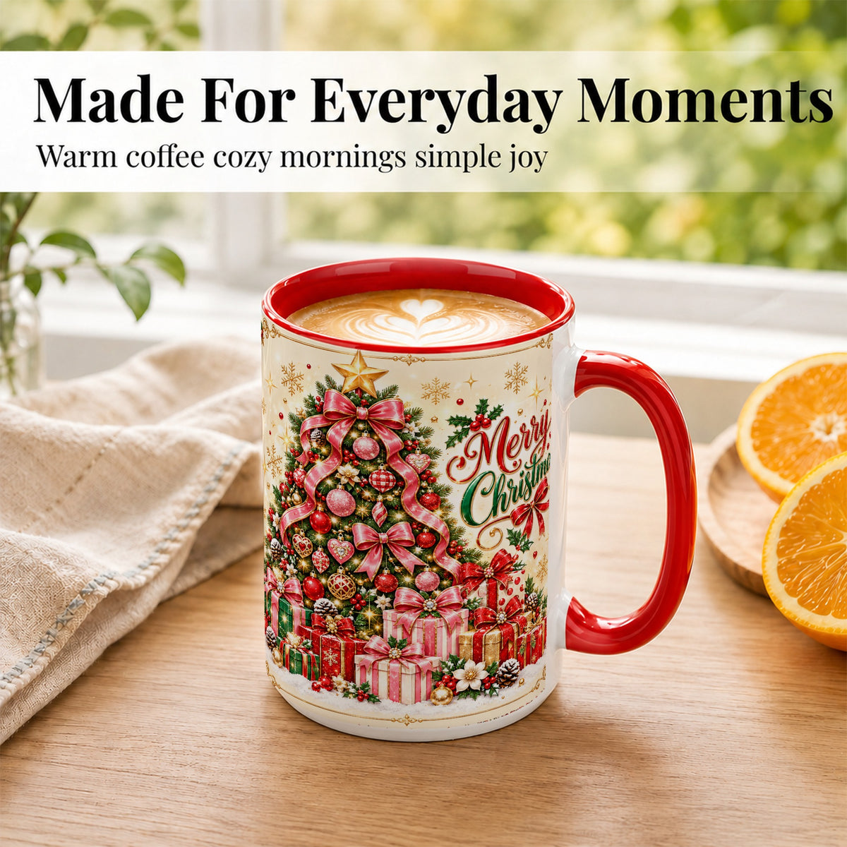 #pl[15oz|Red] Christmas Tree Coffee Mug, Holiday Bow Mug, Ceramic Cup