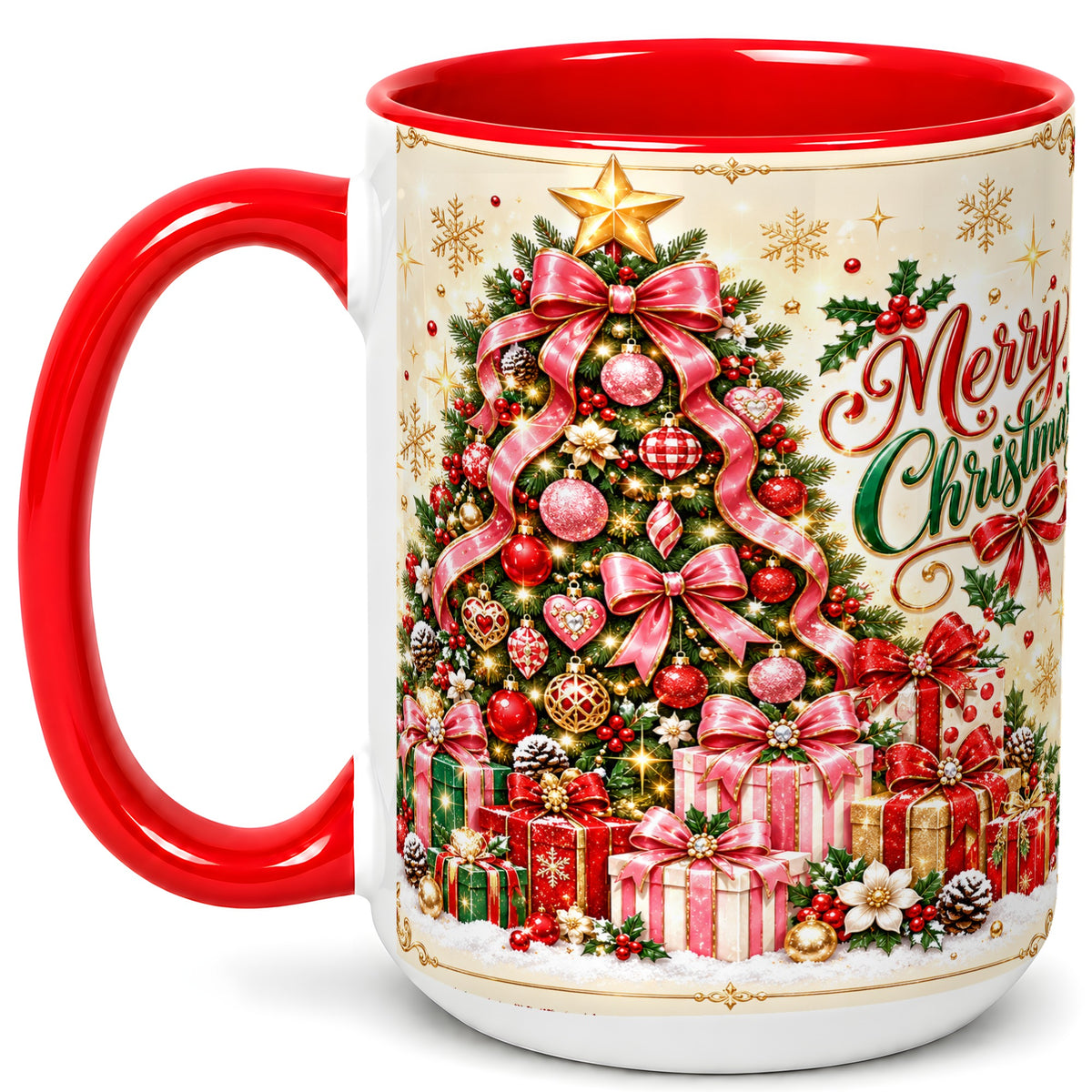 #pl[15oz|Red] Christmas Tree Coffee Mug, Holiday Bow Mug, Ceramic Cup