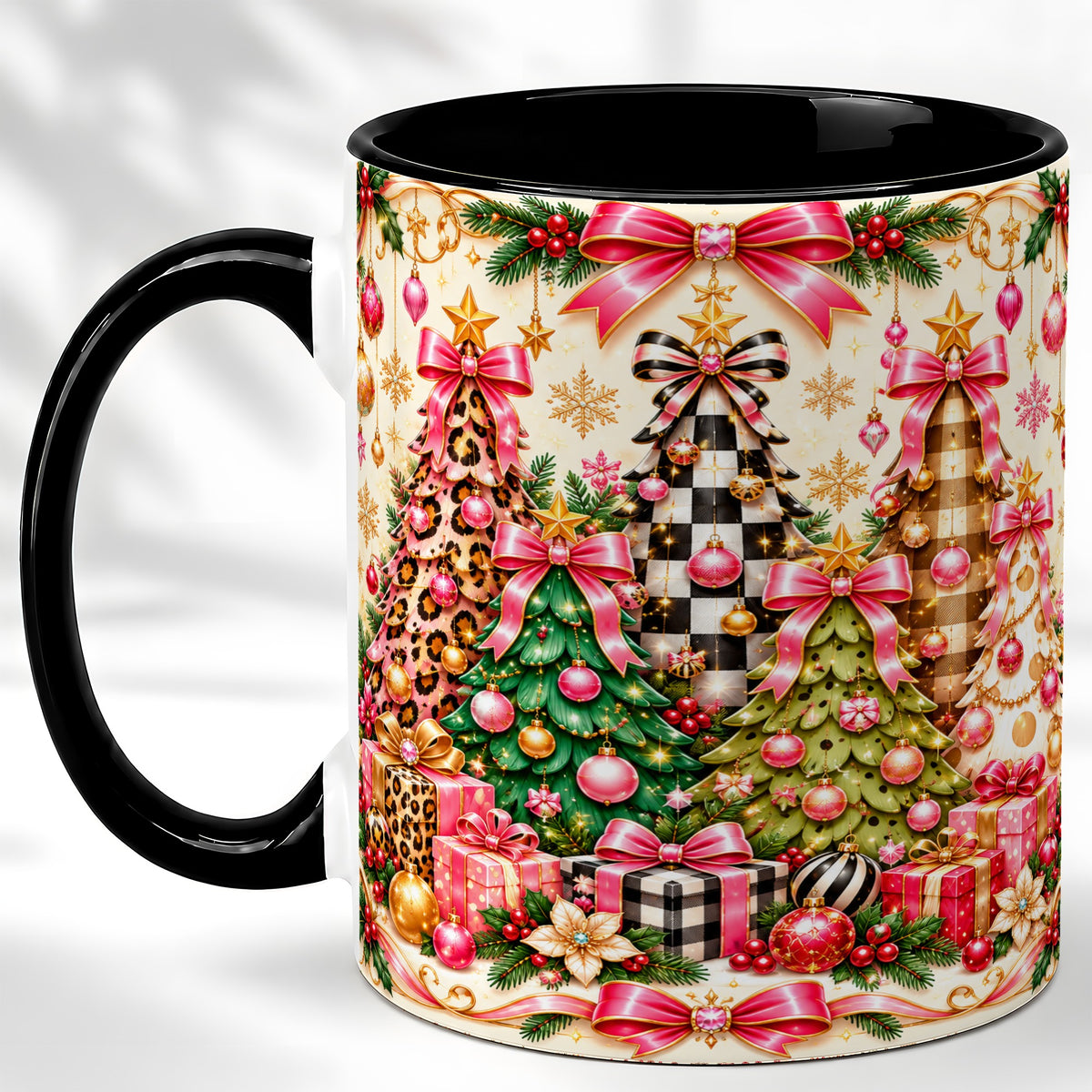 #pl[11oz|Black] Patterned Christmas Tree Coffee Mug, Holiday Decor Mug, Ceramic Cup