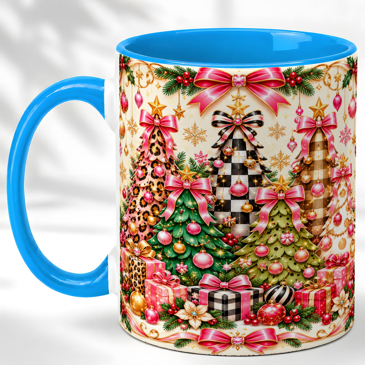 #pl[11oz|Blue] Patterned Christmas Tree Coffee Mug, Holiday Decor Mug, Ceramic Cup