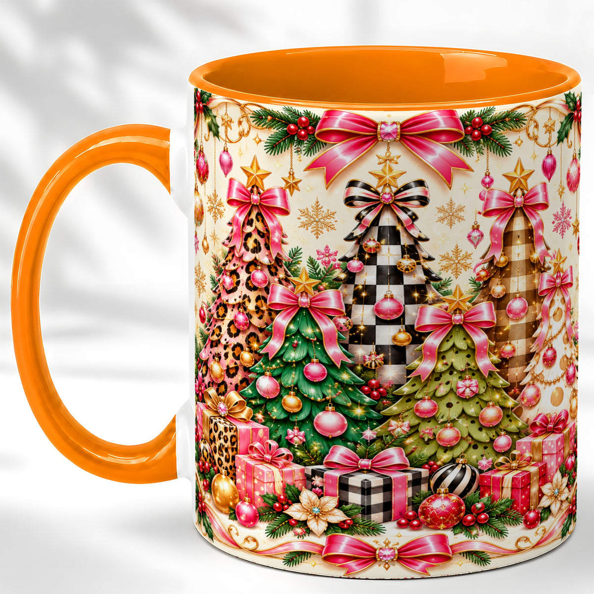 #pl[11oz|Orange] Patterned Christmas Tree Coffee Mug, Holiday Decor Mug, Ceramic Cup