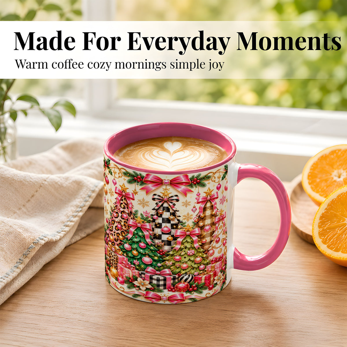 #pl[11oz|Pink] Patterned Christmas Tree Coffee Mug, Holiday Decor Mug, Ceramic Cup