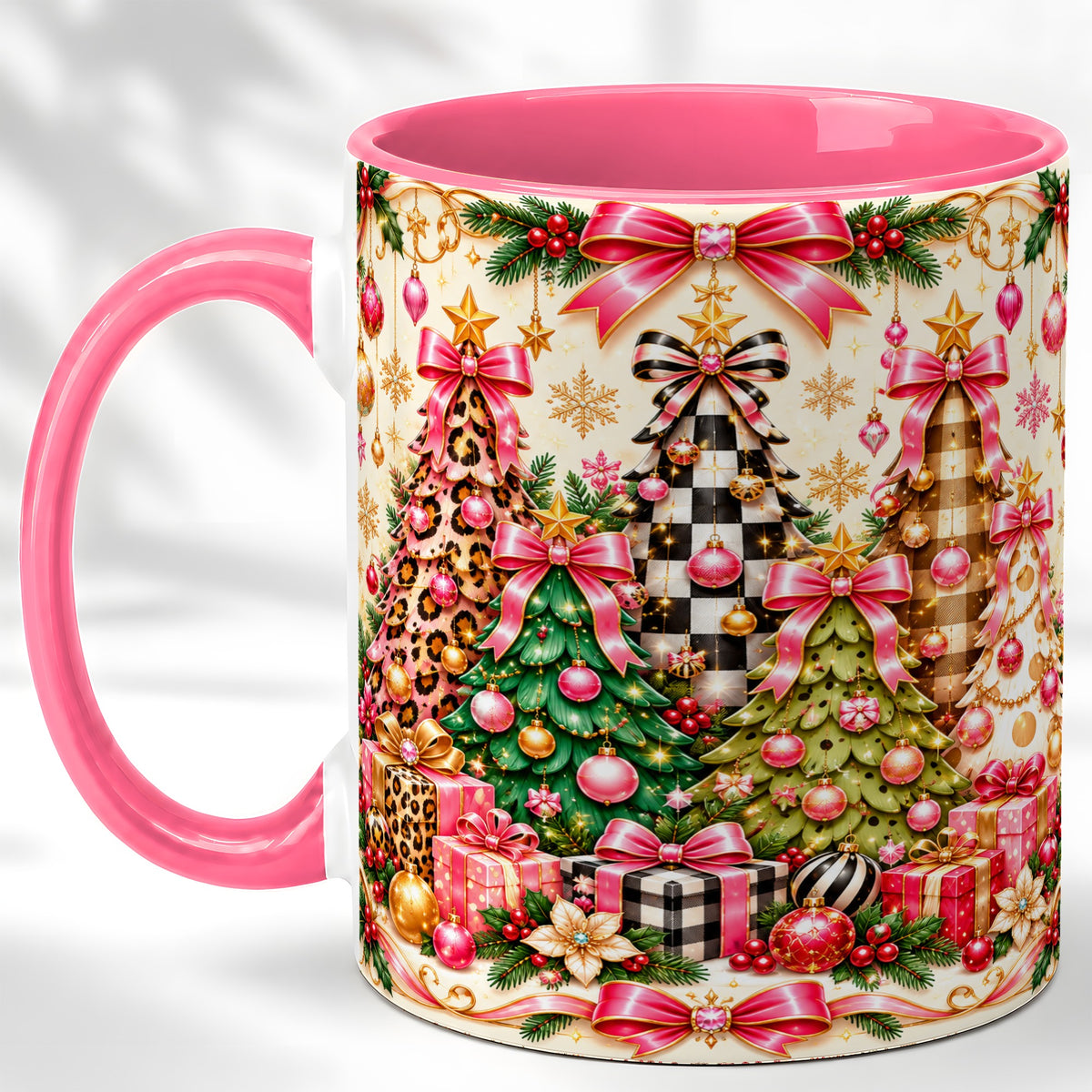 #pl[11oz|Pink] Patterned Christmas Tree Coffee Mug, Holiday Decor Mug, Ceramic Cup