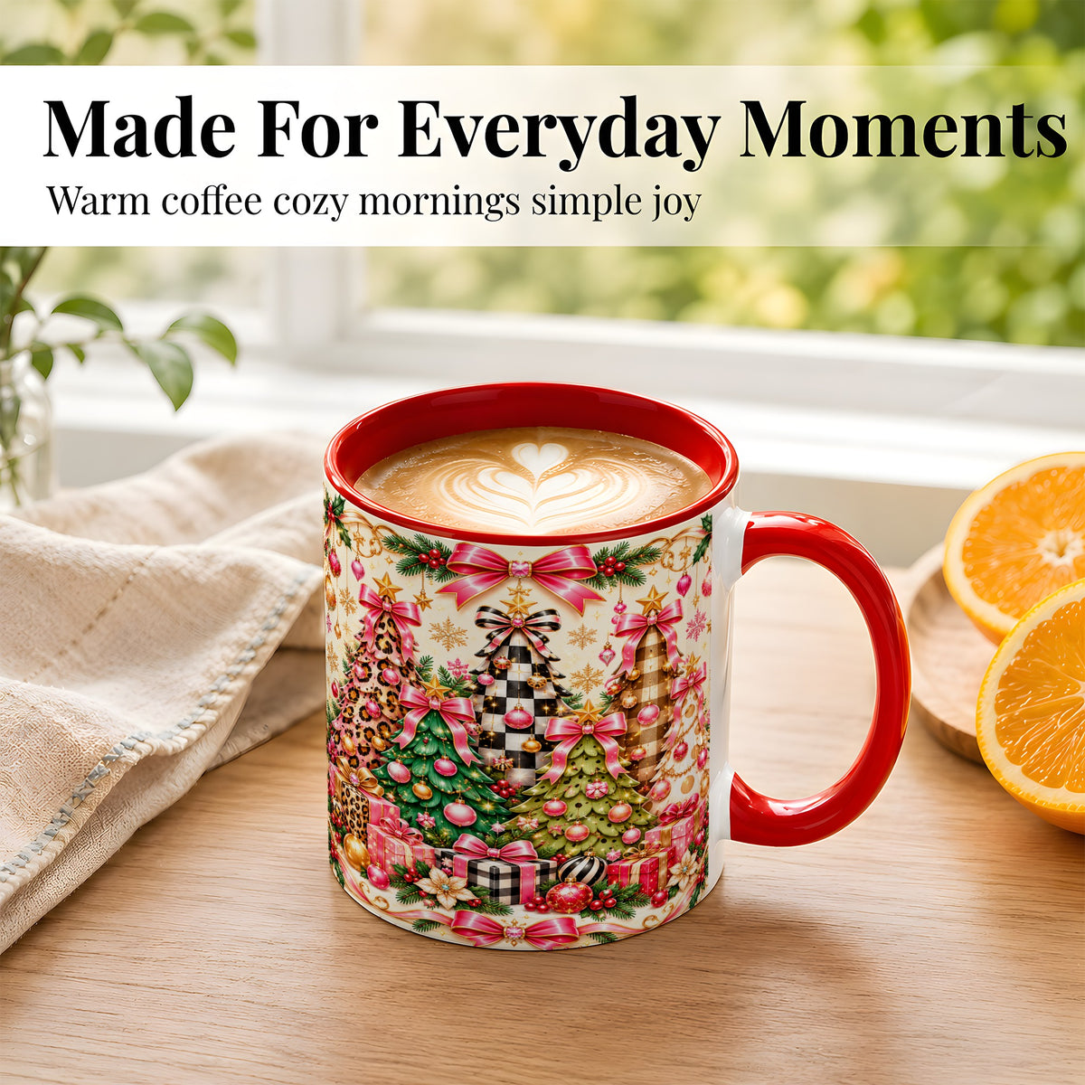 #pl[11oz|Red] Patterned Christmas Tree Coffee Mug, Holiday Decor Mug, Ceramic Cup