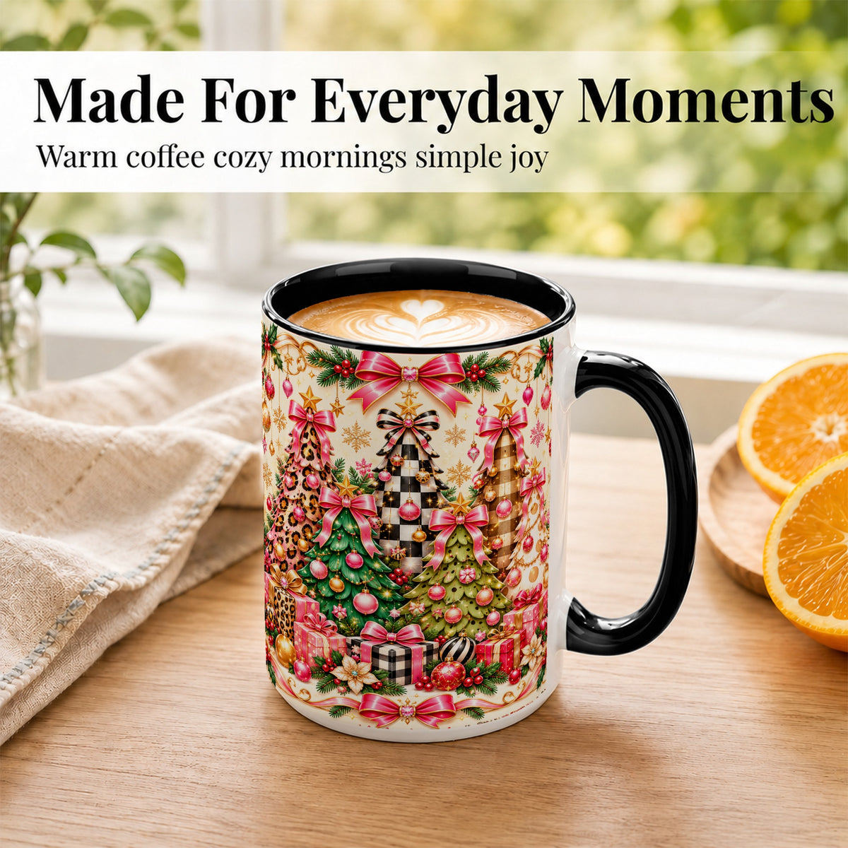 #pl[15oz|Black] Patterned Christmas Tree Coffee Mug, Holiday Decor Mug, Ceramic Cup