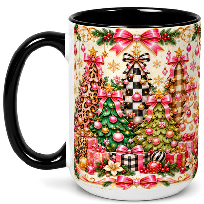 #pl[15oz|Black] Patterned Christmas Tree Coffee Mug, Holiday Decor Mug, Ceramic Cup