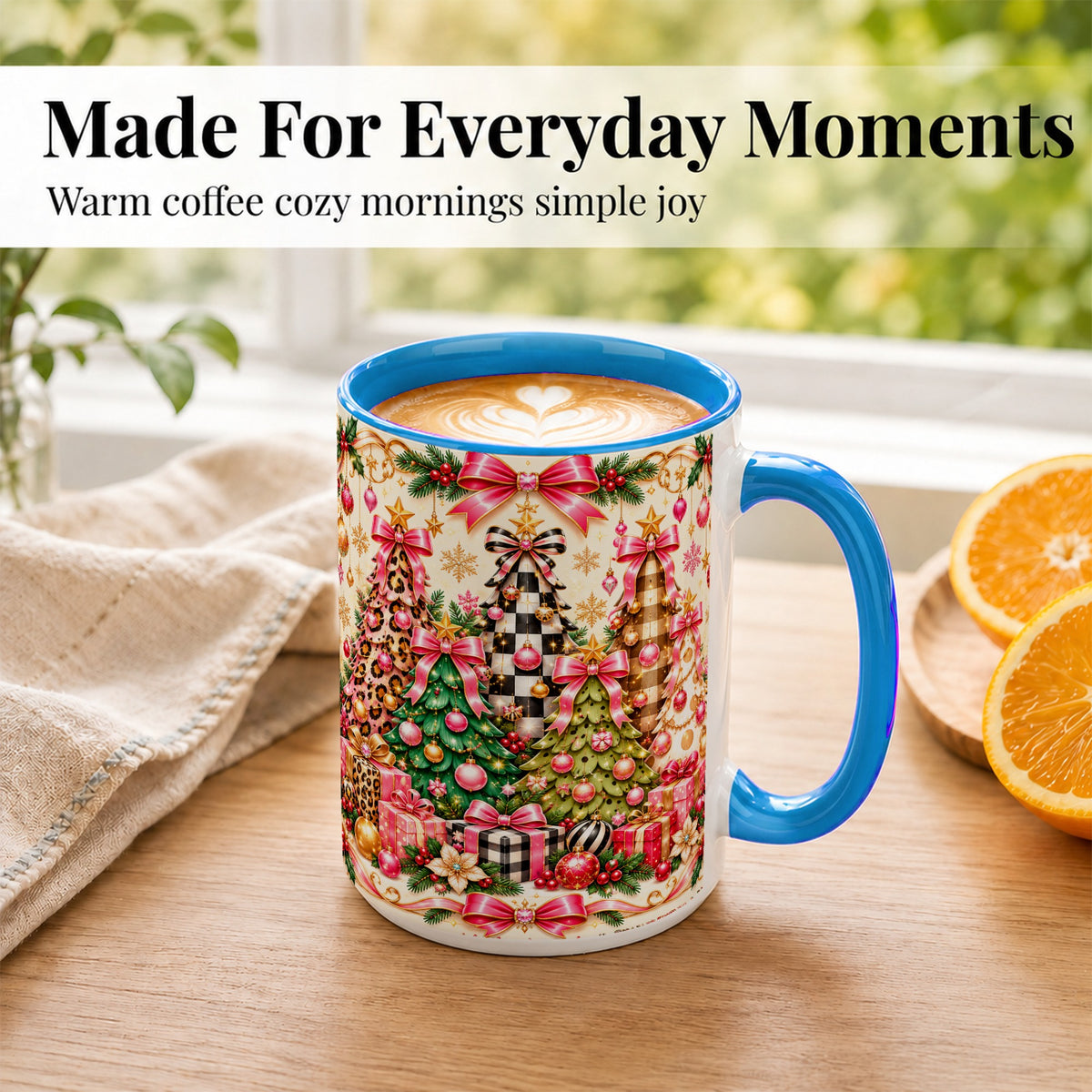 #pl[15oz|Blue] Patterned Christmas Tree Coffee Mug, Holiday Decor Mug, Ceramic Cup