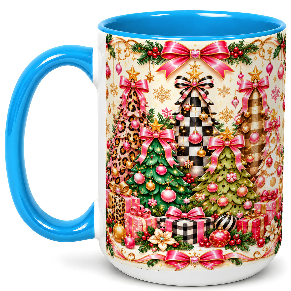 #pl[15oz|Blue] Patterned Christmas Tree Coffee Mug, Holiday Decor Mug, Ceramic Cup