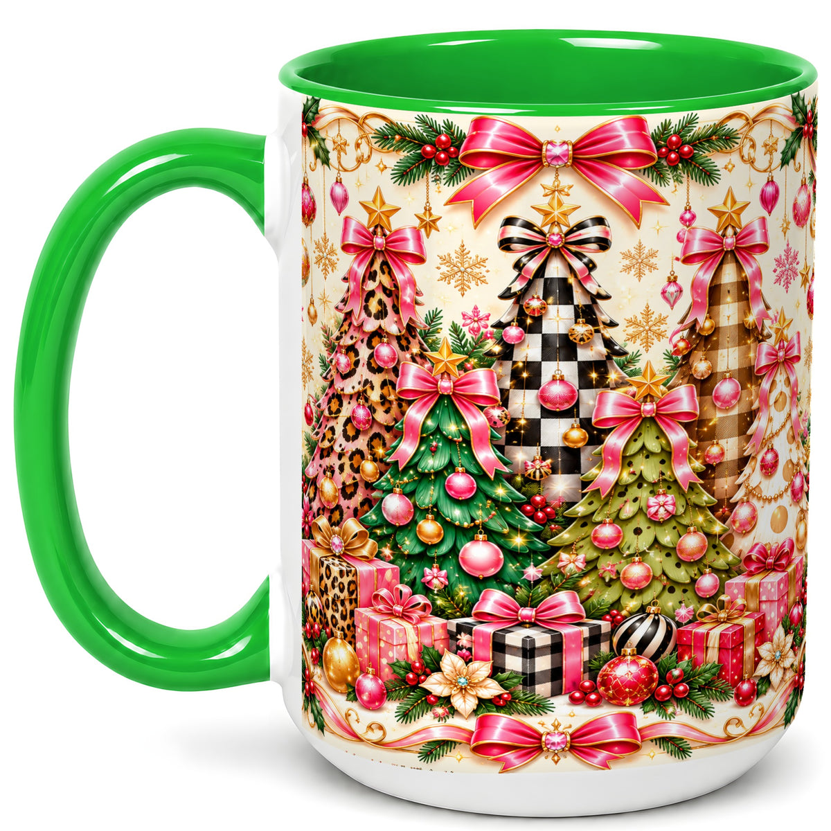 #pl[15oz|Green] Patterned Christmas Tree Coffee Mug, Holiday Decor Mug, Ceramic Cup