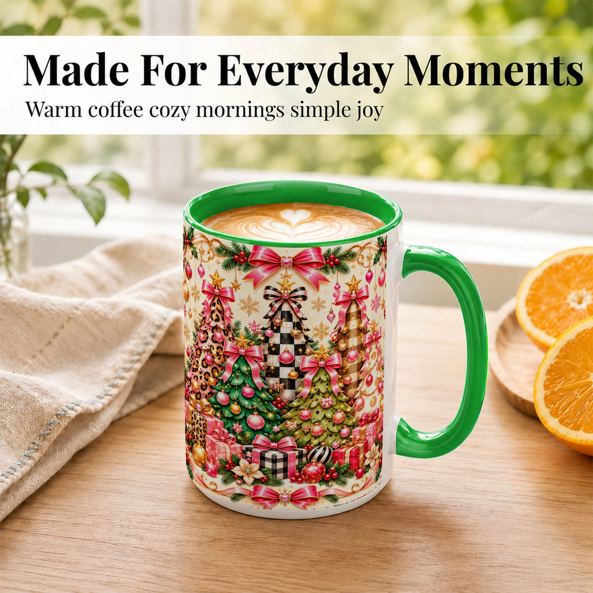 #pl[15oz|Green] Patterned Christmas Tree Coffee Mug, Holiday Decor Mug, Ceramic Cup