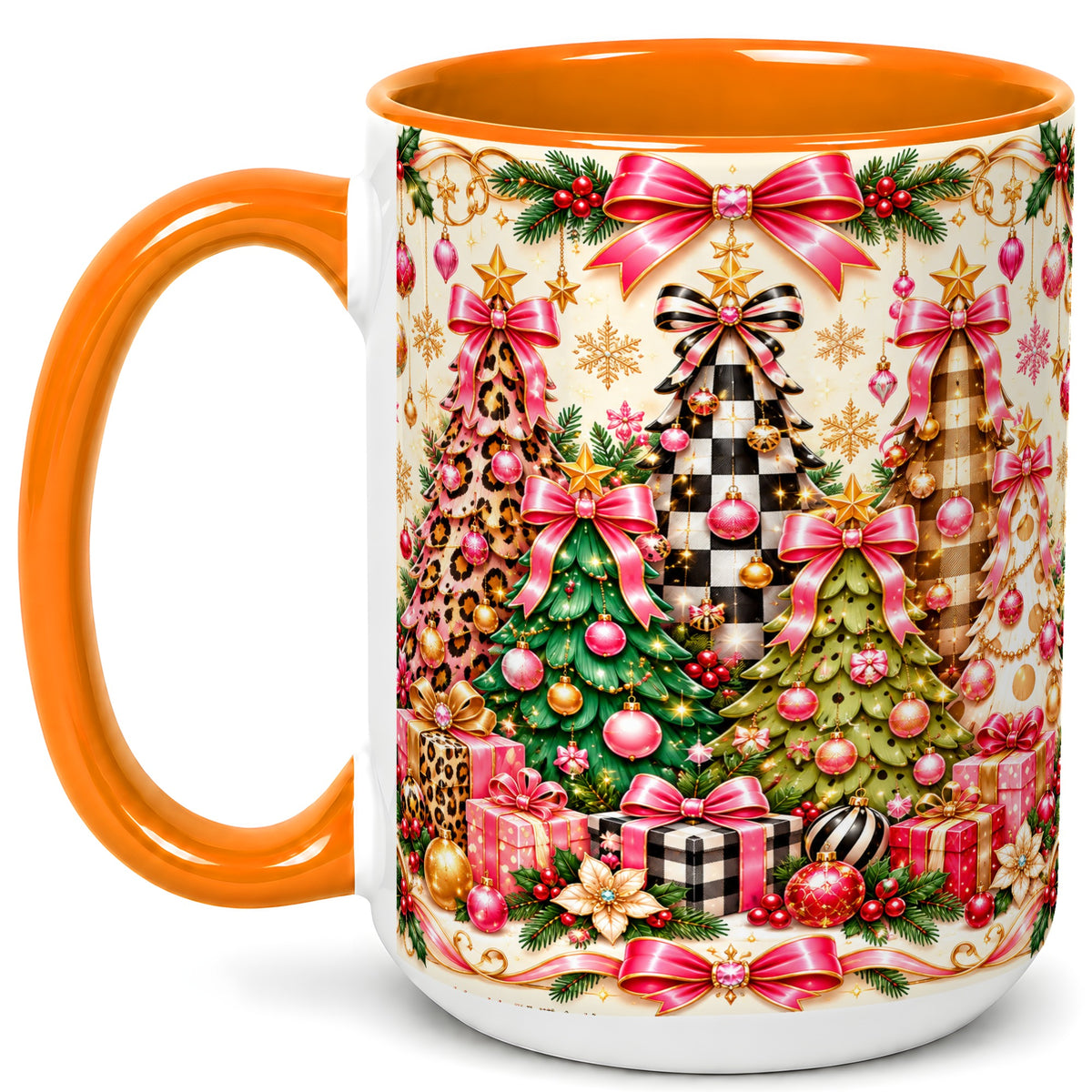 #pl[15oz|Orange] Patterned Christmas Tree Coffee Mug, Holiday Decor Mug, Ceramic Cup