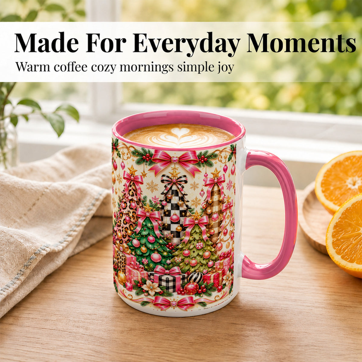 #pl[15oz|Pink] Patterned Christmas Tree Coffee Mug, Holiday Decor Mug, Ceramic Cup