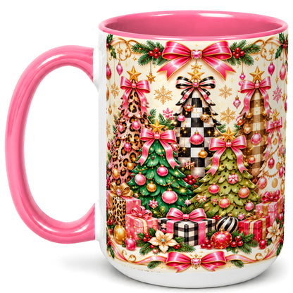 #pl[15oz|Pink] Patterned Christmas Tree Coffee Mug, Holiday Decor Mug, Ceramic Cup