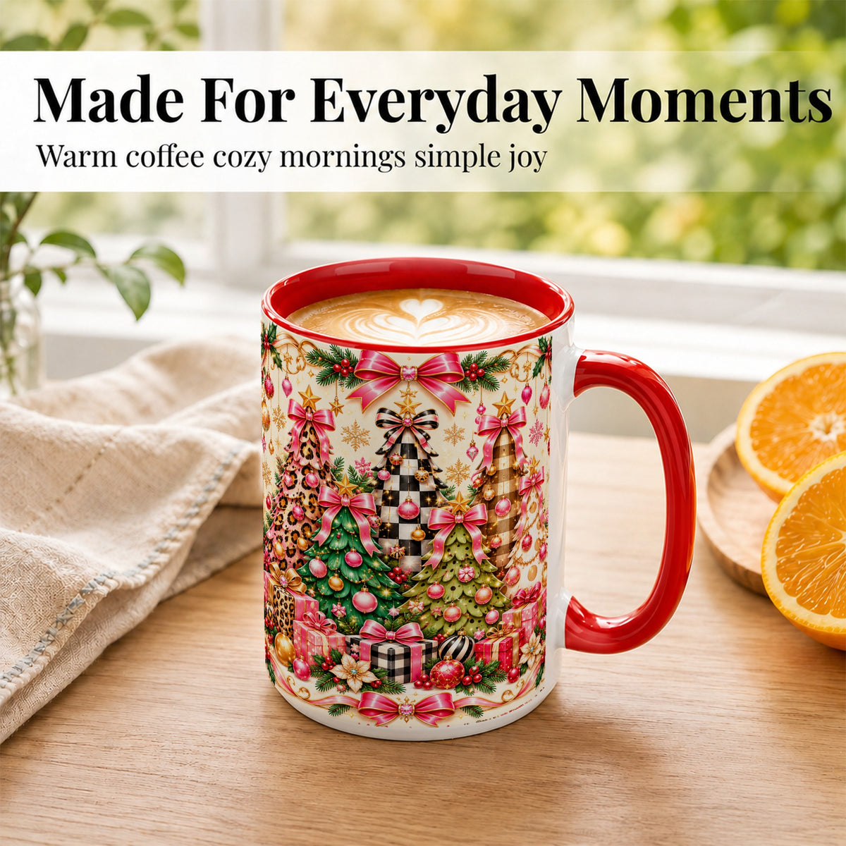 #pl[15oz|Red] Patterned Christmas Tree Coffee Mug, Holiday Decor Mug, Ceramic Cup