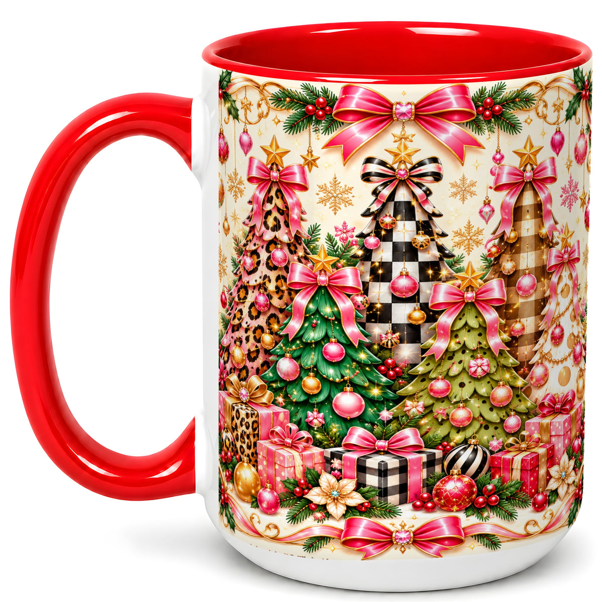 #pl[15oz|Red] Patterned Christmas Tree Coffee Mug, Holiday Decor Mug, Ceramic Cup