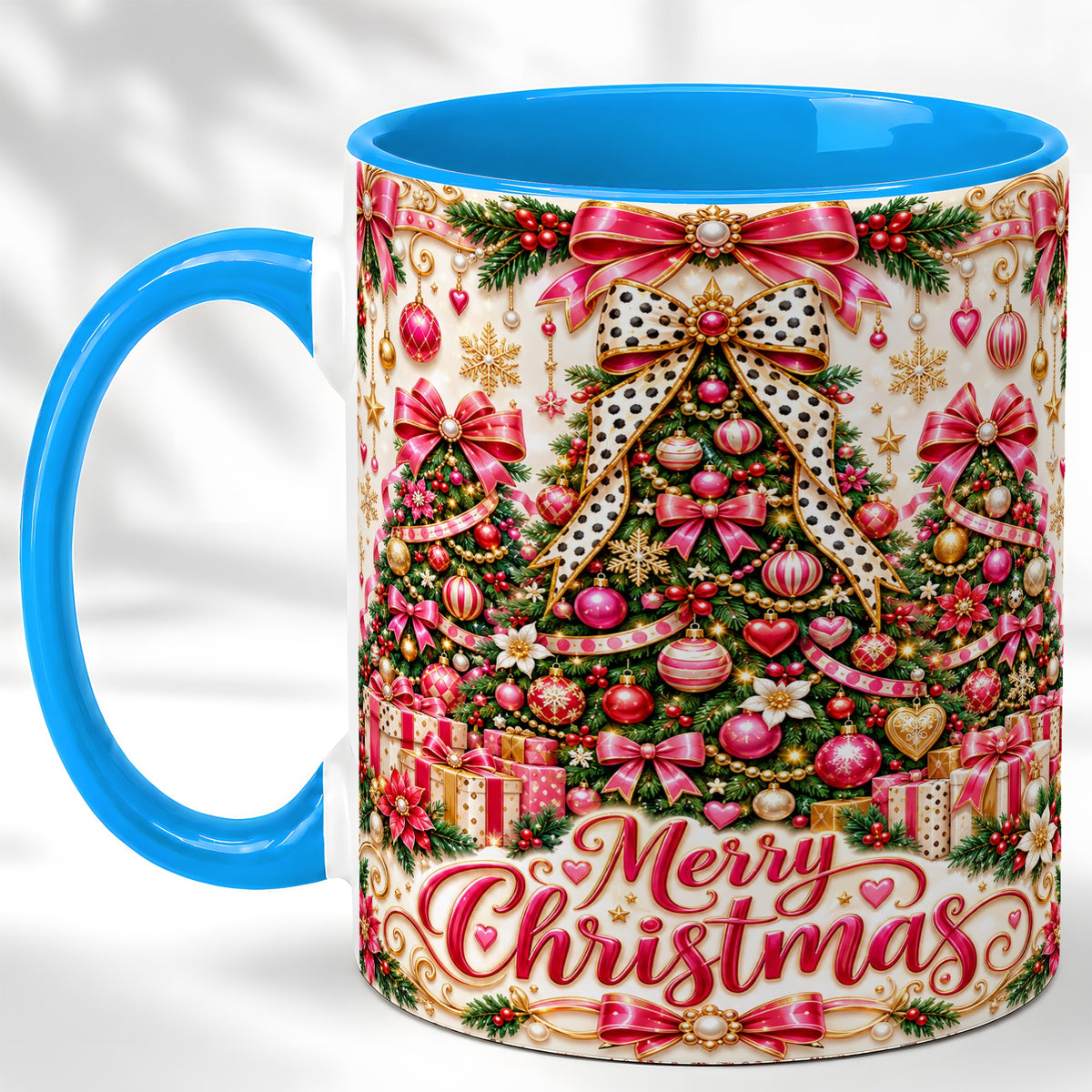 #pl[11oz|Blue] Pink Christmas Tree Coffee Mug, Holiday Bow Mug, Ceramic Cup