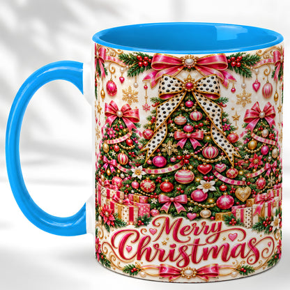 #pl[11oz|Blue] Pink Christmas Tree Coffee Mug, Holiday Bow Mug, Ceramic Cup