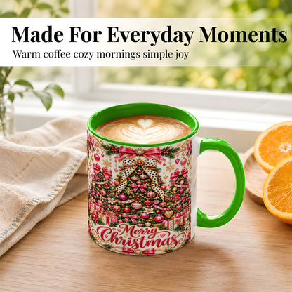 #pl[11oz|Green] Pink Christmas Tree Coffee Mug, Holiday Bow Mug, Ceramic Cup