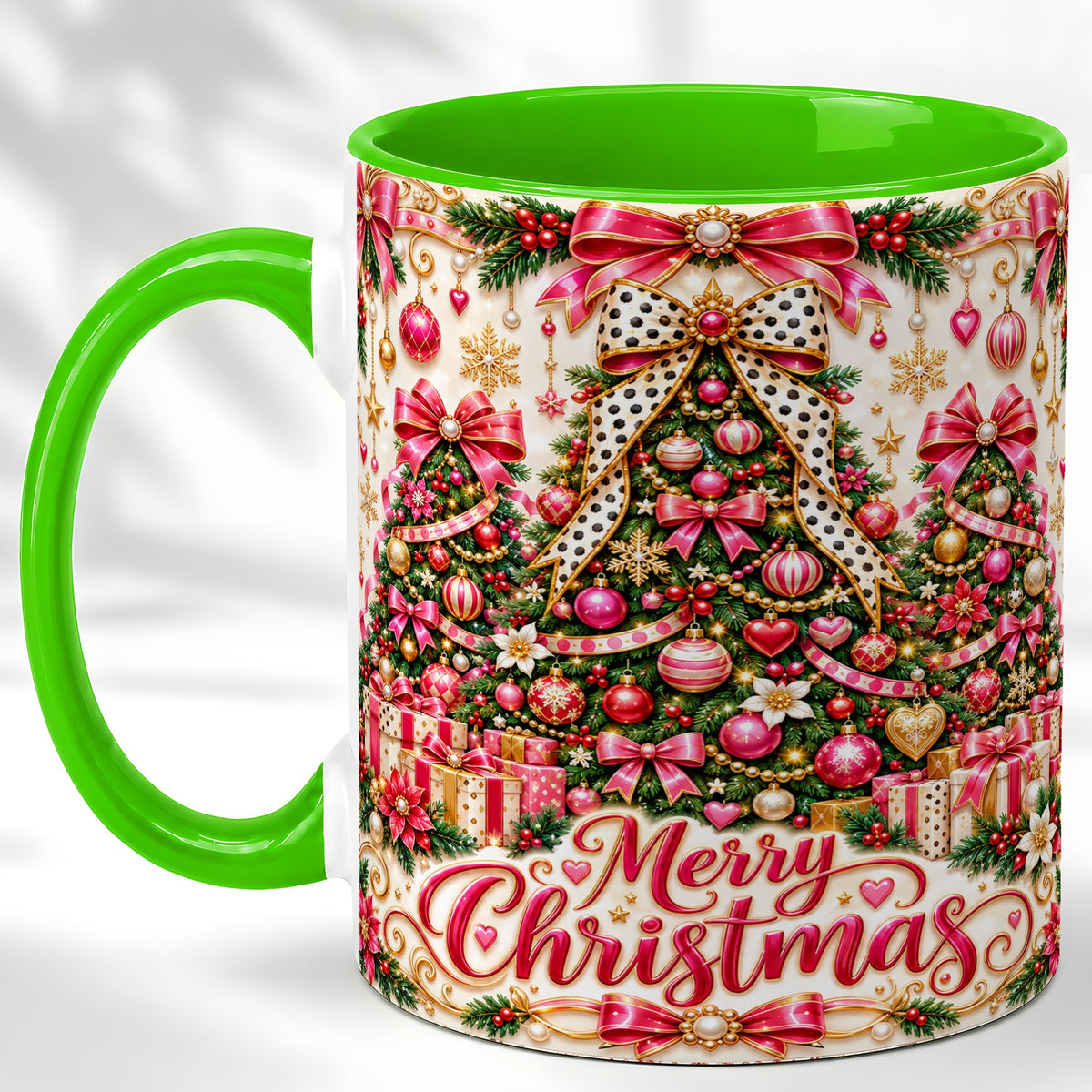 #pl[11oz|Green] Pink Christmas Tree Coffee Mug, Holiday Bow Mug, Ceramic Cup